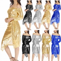 Sexy Off-shoulder Boat Neck Slit Hem Sequin Party Dress