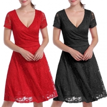 Sexy V-neck Short Sleeve Solid Color Lace Dress