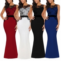 Sexy Lace Spliced Sleeveless Round Neck High Waist Party Dress