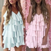 Sexy Backless V-neck Solid Color Sling Cake Dress