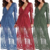 Sexy Deep V-neck Long Sleeve Slit Hem Embroidered Dress
