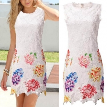 Fashion Sleeveless Round Neck Slim Fit Printed Lace Dress