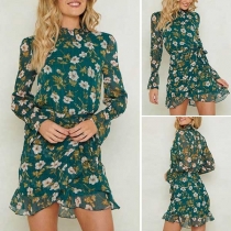 Sweet Style Long Sleeve Stand Collar Ruffle Hem Printed Dress