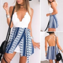 Sexy Backless V-neck Lace Spliced Sling Printed Dress