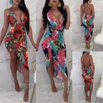 Sexy Backless Deep V-neck Slit Hem Slim Fit Printed Dress