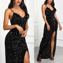 Sexy Backless V-neck Slit Hem Sequin Sling Dress