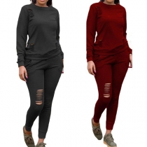 Fashion Solid Color Long Sleeve Sweatshirt + Ripped Pants Two-piece Set
