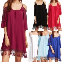 Sexy Off-shoulder Lace Spliced Half Sleeve Tassel Hem Sling Dress