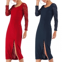 Fashion Lace Spliced Long Sleeve Slit Hem Slim Fit Dress