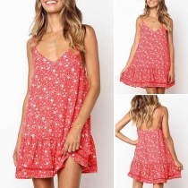 Sexy Backless V-neck Ruffle Hem Printed Sling Dress