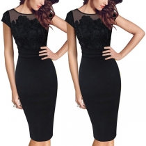 Elegant Solid Color Short Sleeve Round Neck Lace Spliced Pencil Dress