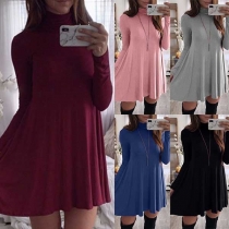 Fashion Solid Color Long Sleeve Mock Neck Dress