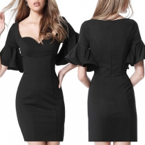 Sexy V-neck Lotus Sleeve Solid Color Slim Fit Dress