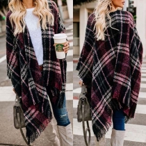 Fashion Long Sleeve Tassel Hem Plaid Knit Shawl Cardigan
