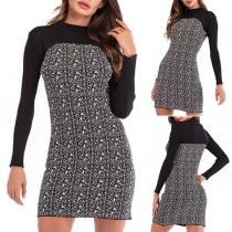 Fashion Long Sleeve Mock Neck Slim Fit Printed Dress