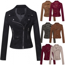 Fashion Solid Color Long Sleeve Oblique Zipper Slim Fit Jacket