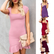 Elegant Solid Color Short Sleeve Square Collar Ruffle Hem Dress