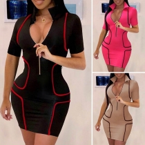 Fashion Contrast Color Short Sleeve POLO Collar Slim Fit Dress
