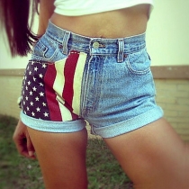 Fashion Contrast Color Slim Fit Side Pockets Stars Stripes Pattern Denim Shorts