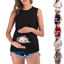 Fashion Contrast Color Round-neck Sleeveless Baby Printed Pregnant Women's Shirt