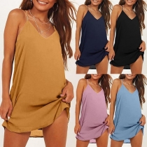 Sexy V-neck Solid Color Sling Loose Dress