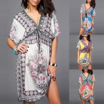 Fashion Deep V-neck Backless Short Sleeve Slim Fit Short Dress