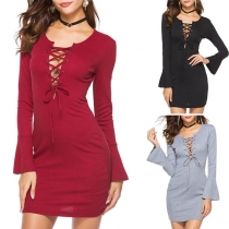 Fashion Solid Color Deep V-neck Long Sleeve Lace-up Long Sleeve Slim Fit Over-hip Dress