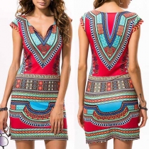 Fashion Contrast Color V-neck Sleeveless Slim Fit Over-hip Dress