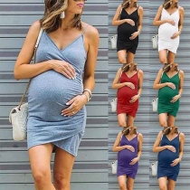 Sexy Backless V-neck Solid Color Sling Maternity Dress