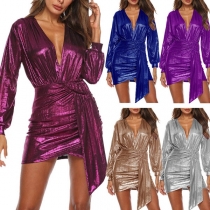 Sexy Deep V-neck Irregular Hem Long Sleeve Party Dress