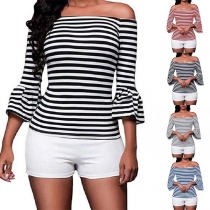 Sexig off-shoulder trumpetärmad randig båtringad topp