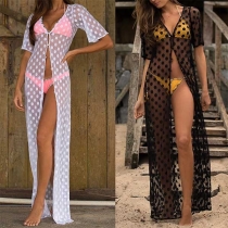 Sexy V-neck Short Sleeve Dots Printed See-through Gauze Cardigan