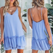 Sexy Backless V-neck Ruffle Hem Solid Color Sling Dress