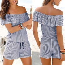 Sexy Ruffle Boat Neck Drawstring Waist Striped Romper 