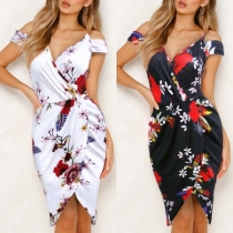 Sexy Off-shoulder V-neck Irregular Hem Printed Dress