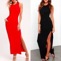 Sexy Slit Hem Sleeveless Round Neck Solid Color Dress