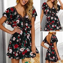 Sexy Backless Lotus V-neck Sleeve Printed Dress