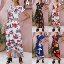 Fashion Short Sleeve V-neck Irregular Hem Printed Dress