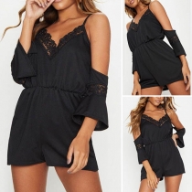 Sexy Off-shoulder V-neck Lace Spliced Sling Romper 