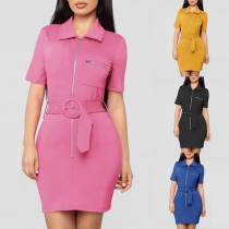 Elegant Solid Color Short Sleeve POLO Collar Slim Fit Dress