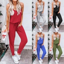 Fashion Solid Color Sleeveless Round Neck Drawstring Waist Jumpsuit