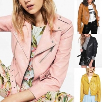 Fashion Long Sleeve Oblique Zipper Slim Fit PU Leather Jacket 