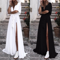 Sexy V-neck Side Slit Hem Short Sleeve Solid Color Dress