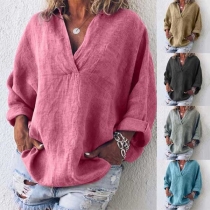 Fashion Solid Color Long Sleeve V-neck Loose Blouse 