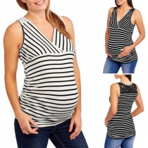 Sexy Lace Spliced Sleeveless V-neck Striped Maternity Top