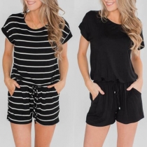 Fashion Short Sleeve Round Neck Drawstring Waist Romper
