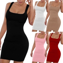 Simple Style Solid Color U-neck Slim Fit Tank Dress