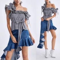 Sexy Solid Color High Waist Oblique Lotus Spliced Skirt