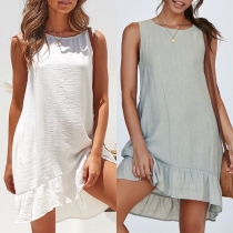 Fashion Solid Color Round-neck Sleeveless Lotus Spliced Slim Fit Dress