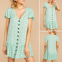 Sweet Contrast Color Deep V-neck Short Sleeve Single-breasted Dress